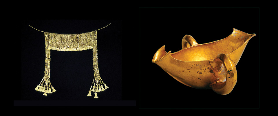 Two artifacts from Priam’s Treasure. A gold diadem (left) and a gold sauceboat (right)